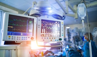 Intensive care emergency room with artificial lung ventilation monitor in the intensive care unit. Ventilation of the lungs with oxygen. COVID-19 and coronavirus identification. Pandemic.