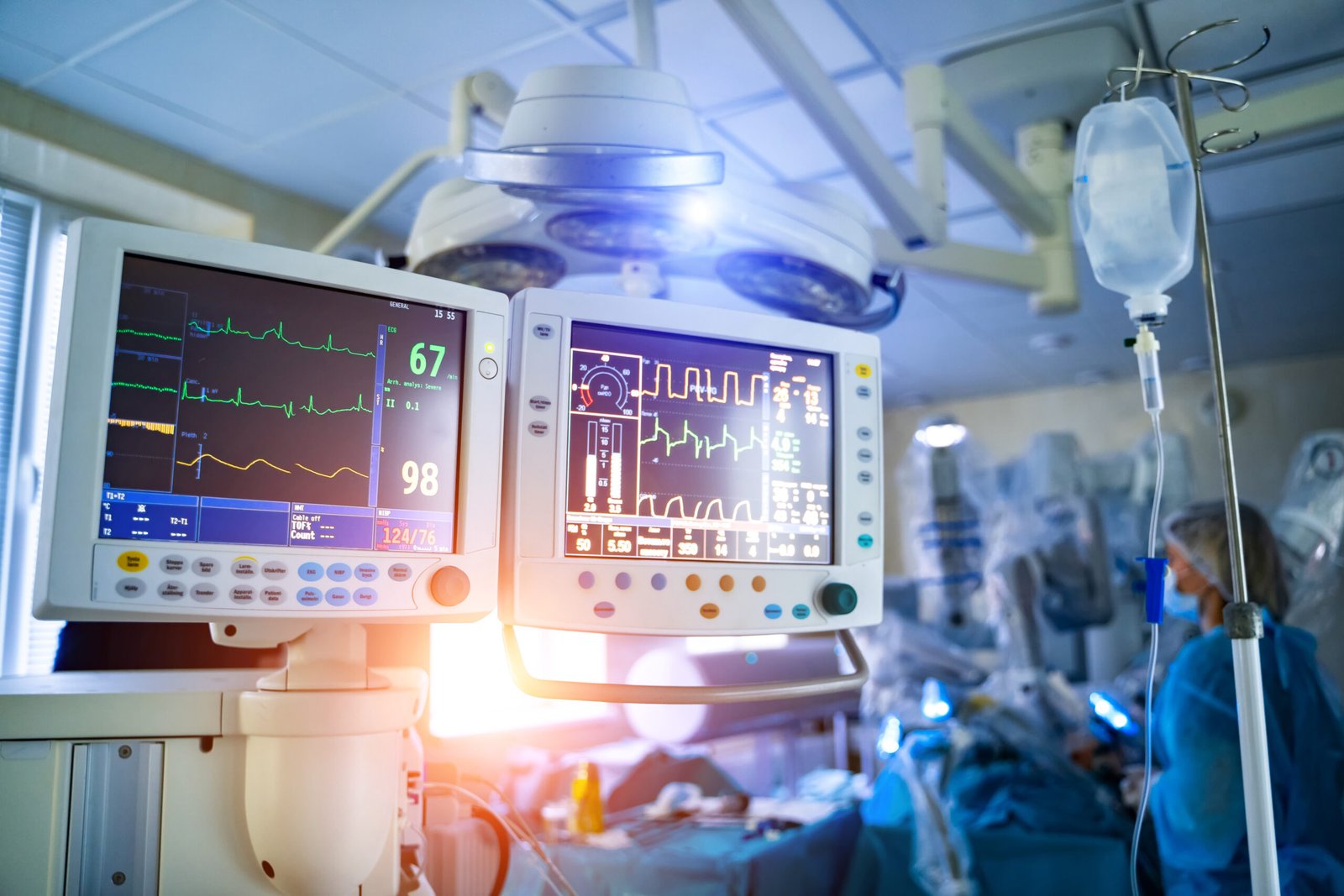 Intensive care emergency room with artificial lung ventilation monitor in the intensive care unit. Ventilation of the lungs with oxygen. COVID-19 and coronavirus identification. Pandemic.